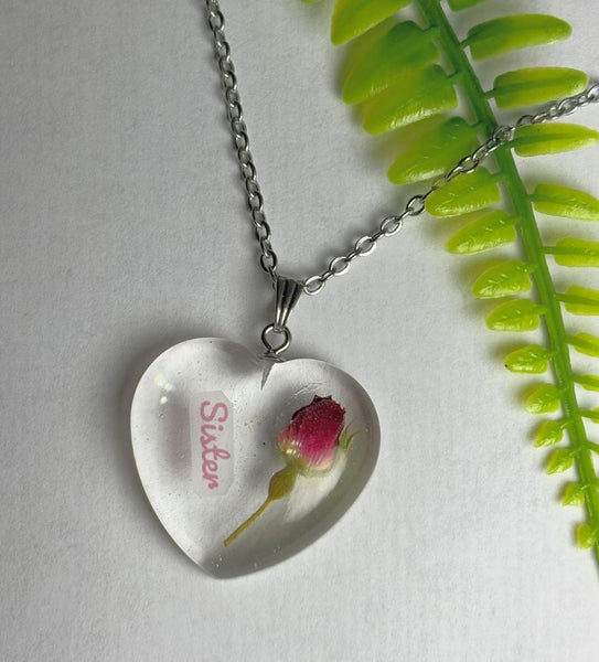 Sisterly Love: Real rose bud pendant chain necklace