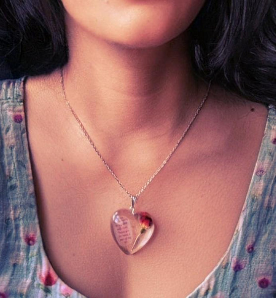 Treasured Note: Personalized red rose flower handmade pendant necklace - Nature's Lure