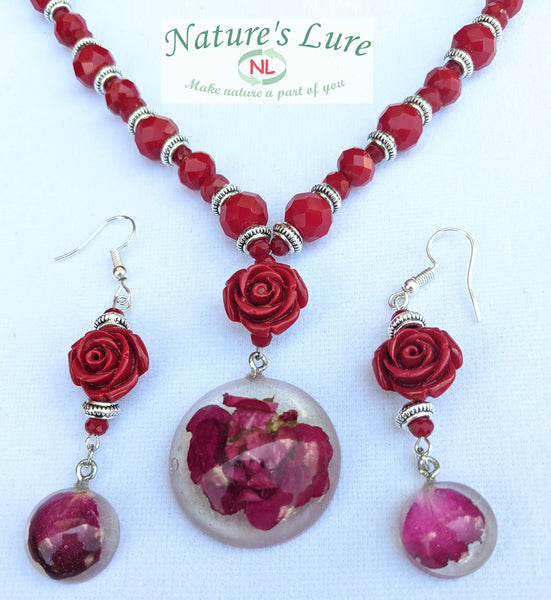Red bead necklace and earrings with Rose flower resin pendant: Rouge Amor - Nature's Lure