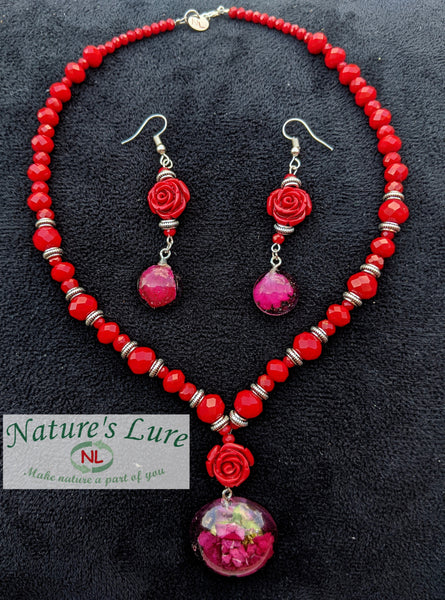 Red bead necklace and earrings with Rose flower resin pendant: Rouge Amor - Nature's Lure