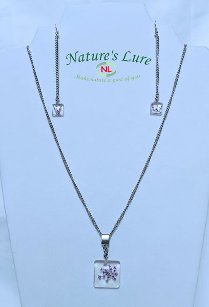 Necklace and earrings with purple flower resin pendant on silver chain: Regal Purple - Nature's Lure