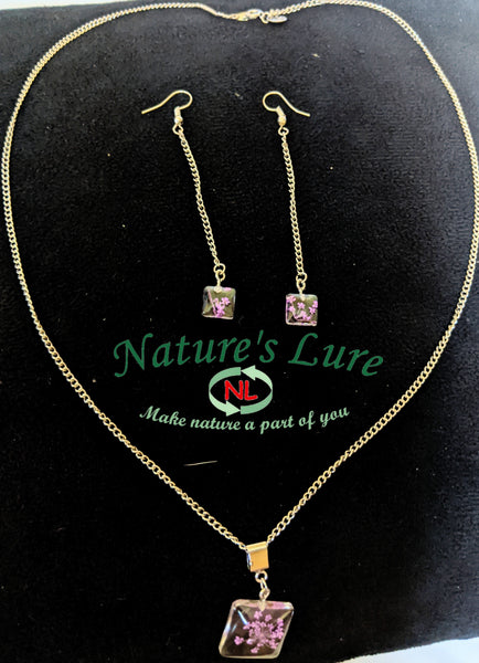 Necklace and earrings with purple flower resin pendant on silver chain: Regal Purple - Nature's Lure