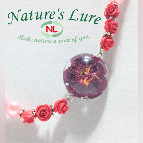 Rouge Creme II: White glass pearl necklace with red rose side pendant - Nature's Lure