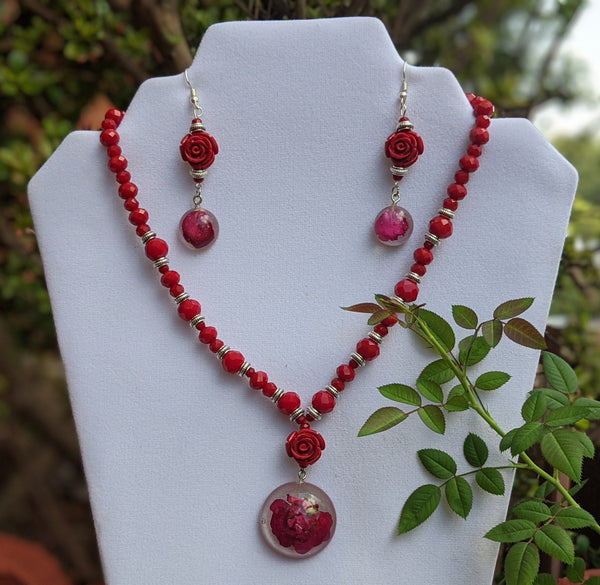 Red bead necklace and earrings with Rose flower resin pendant: Rouge Amor - Nature's Lure