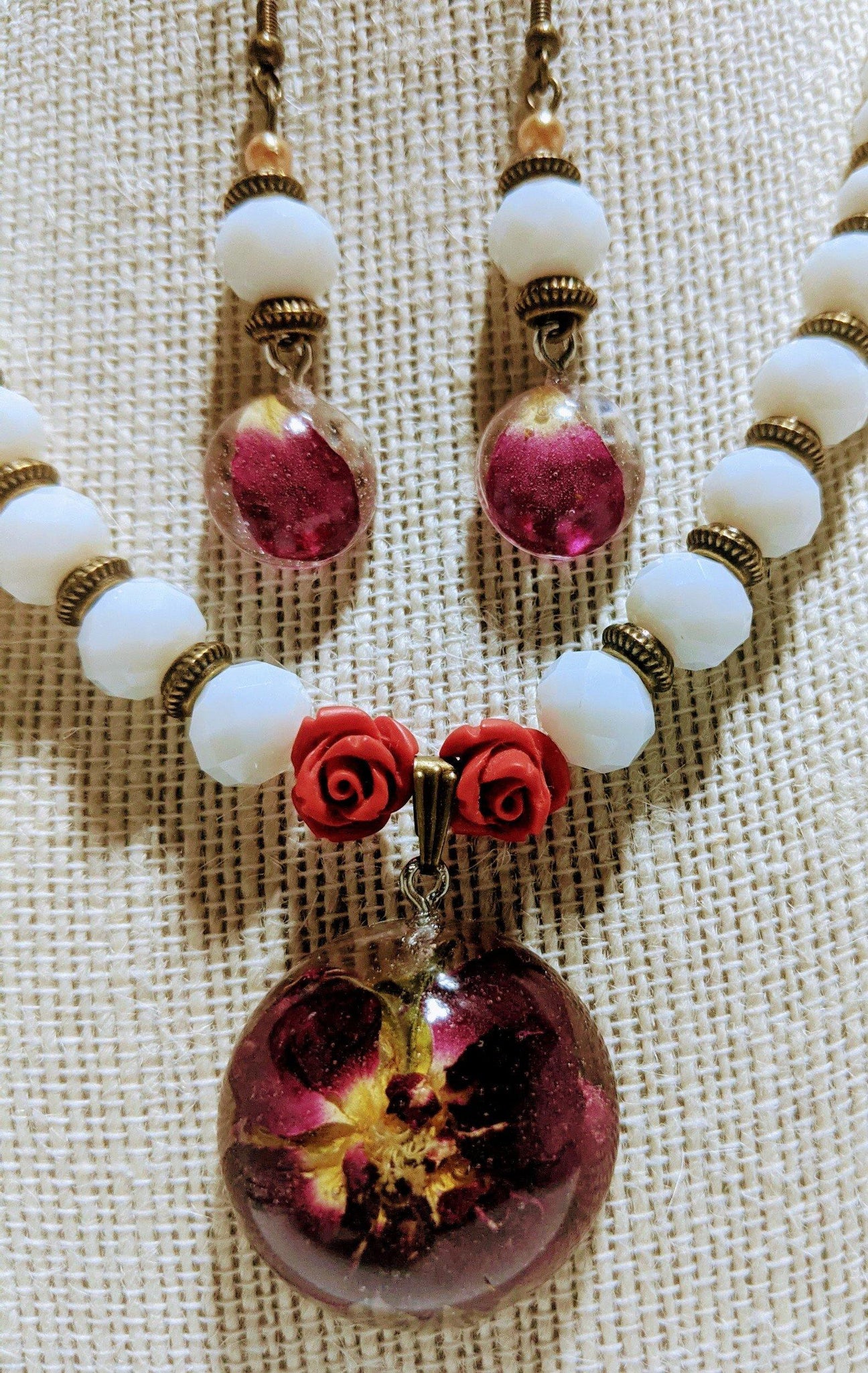 Rouge Amor: Red glass bead necklace with handmade rose flower round pendant and earrings - Nature's Lure