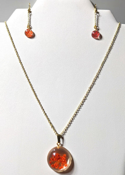 Imperial Red: Golden chain necklace with handmade real red flower pendant and earrings - Nature's Lure