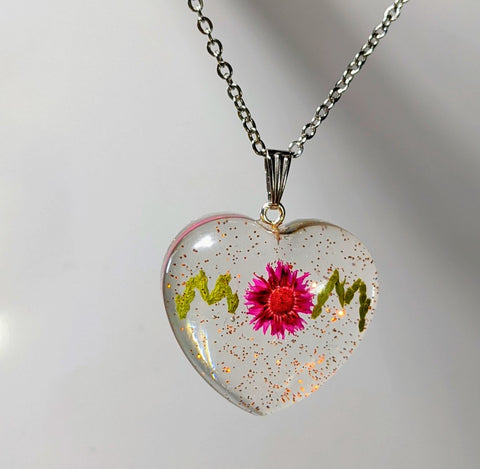 Mother's Gaze: Handmade real flower MOM pendant on a chain necklace