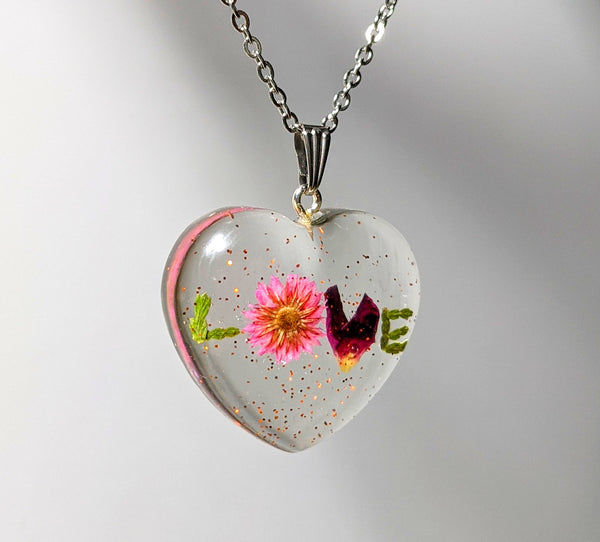 Endless Love : Handmade real flower LOVE pendant necklace