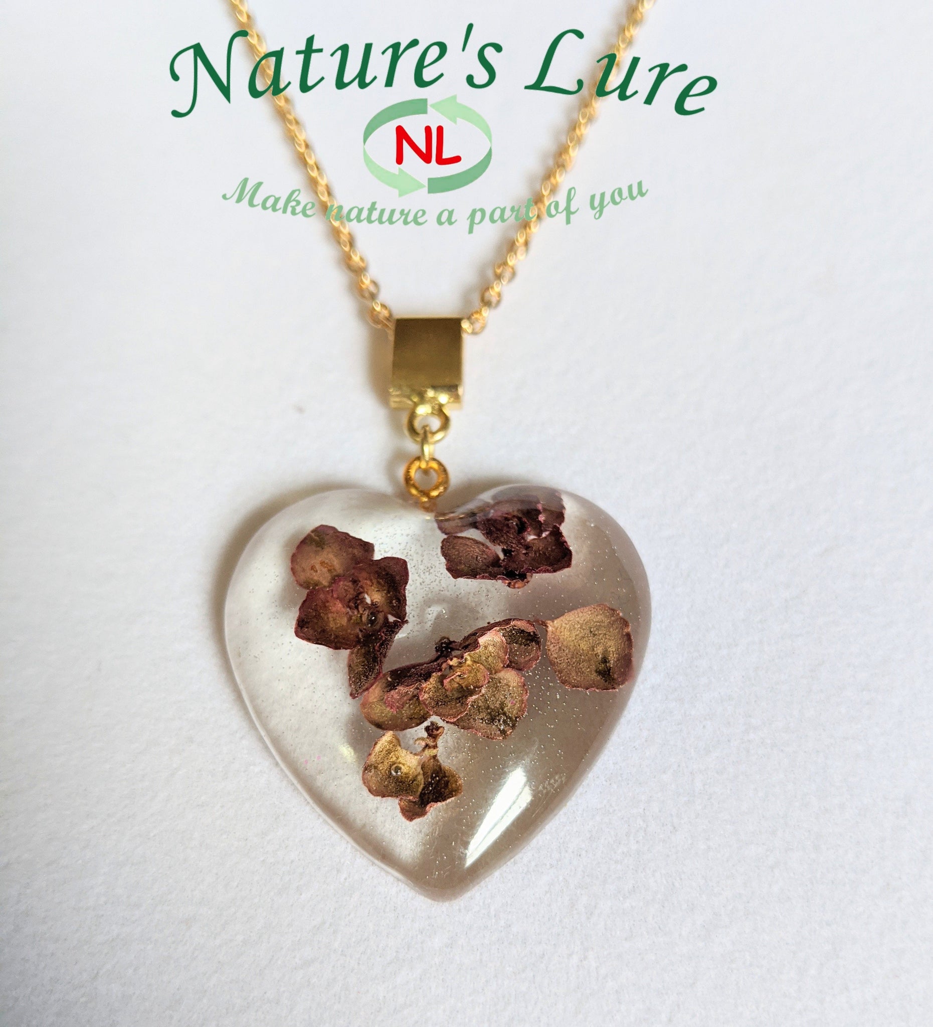 Golden chain necklace with sedum leaf resin pendent: Durable Heart - Nature's Lure