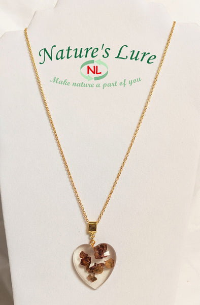Golden chain necklace with sedum leaf resin pendent: Durable Heart - Nature's Lure