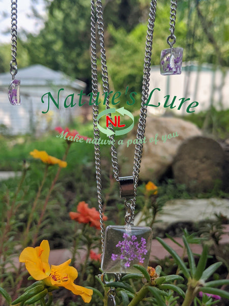 Necklace and earrings with purple flower resin pendant on silver chain: Regal Purple - Nature's Lure