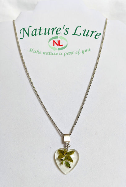 Silver chain necklace with green leaf resin pendant: Graceful Green - Nature's Lure