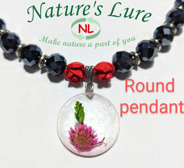 Sparkling Hope: Dark grey glass bead necklace with handmade flower pendant - Nature's Lure