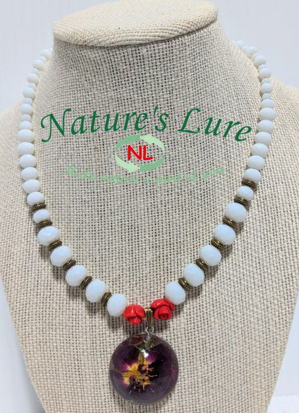 Sparkling Romance: White glass bead necklace with round rose flower pendant - Nature's Lure