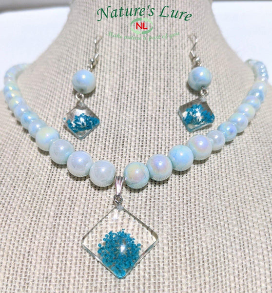 Regal Creme: Bluish glass pearl necklace and earrings with blue pendant - Nature's Lure