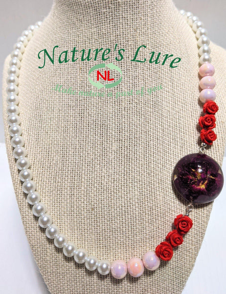 Rouge Creme II: White glass pearl necklace with red rose side pendant - Nature's Lure