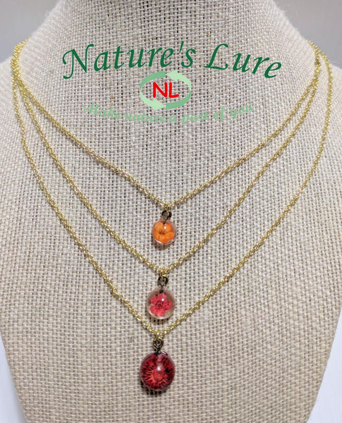 Triple Beauty: Layered chain necklace with handmade real flower pendants - Nature's Lure