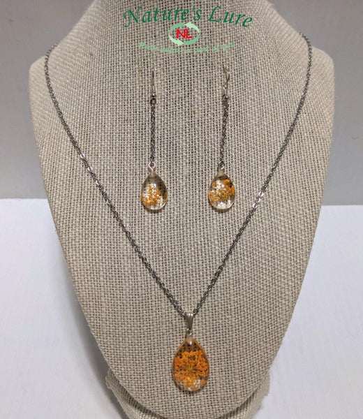Noble Yellow: yellow flower pendant stainless steel chain necklace and earrings - Nature's Lure