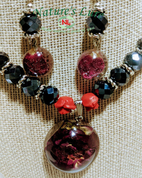 Rouge Amor: Red glass bead necklace with handmade rose flower round pendant and earrings - Nature's Lure