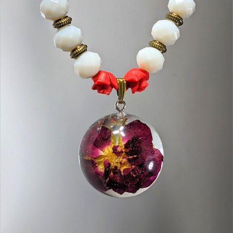 Sparkling Romance: White glass bead necklace with round rose flower pendant - Nature's Lure