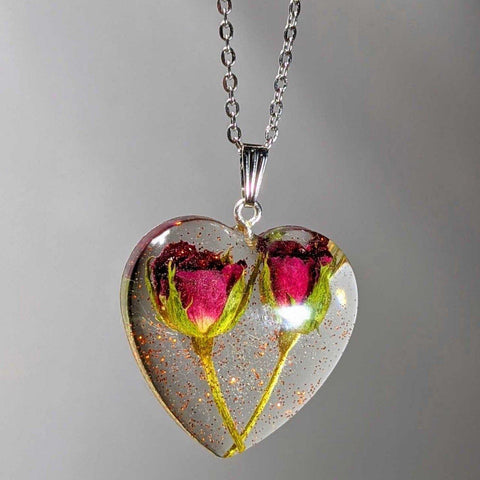 Inseparable Love: Handmade double rose bud pendant stainless steel necklace - Nature's Lure