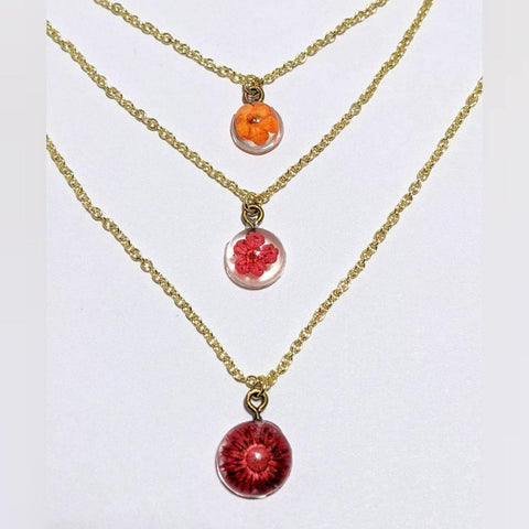 Triple Beauty: Layered chain necklace with handmade real flower pendants - Nature's Lure