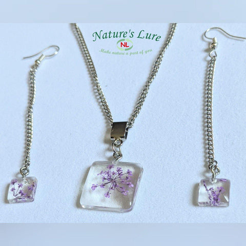 Regal Purple: Purple flower pendant silver chain necklace and earrings - Nature's Lure