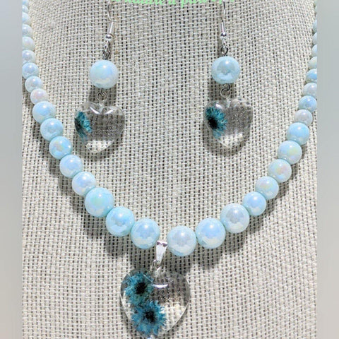 Smooth Prosperity: Light blue glass pearl necklace and earrings with heart shaped flower pendants - Nature's Lure